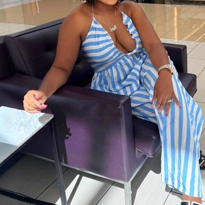 Combinaison décontractée africaine sexy à rayures pour femme, col halter, sans bretelles, col en V, tendance - Product Image 4