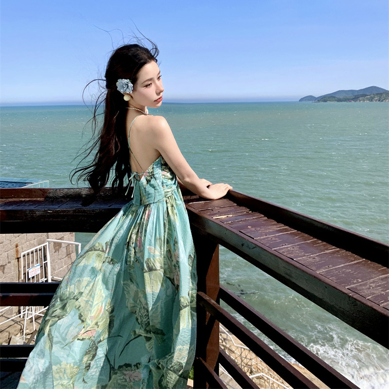 Mint Green Floral Suspender Hanging Neck Jumpsuit Long Dress for Spring and  Summer Vacation Beach Dress| Alibaba.com