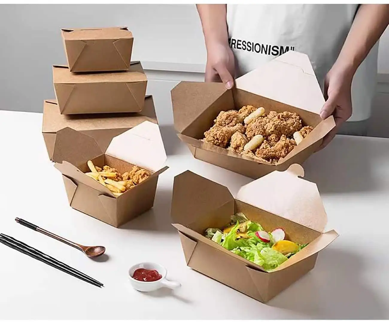 Disposable food container waterproof and grease proof Kraft Paper Packaging Take Away Salad lunch box