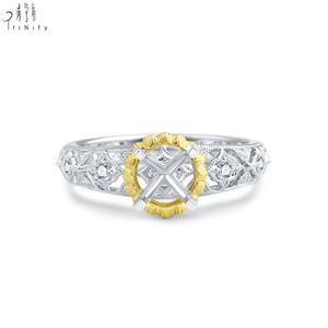 Nouveautés : Bague semi-montée artisanale en dentelle antique avec diamants naturels véritables, en or massif 18 carats blanc et jaune - Product Image 2