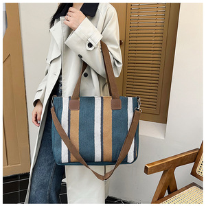 I-0159 en gros nouvelle mode rayé toile sac à bandoulière femmes poche fourre-tout sac à bandoulière - Product Image 3