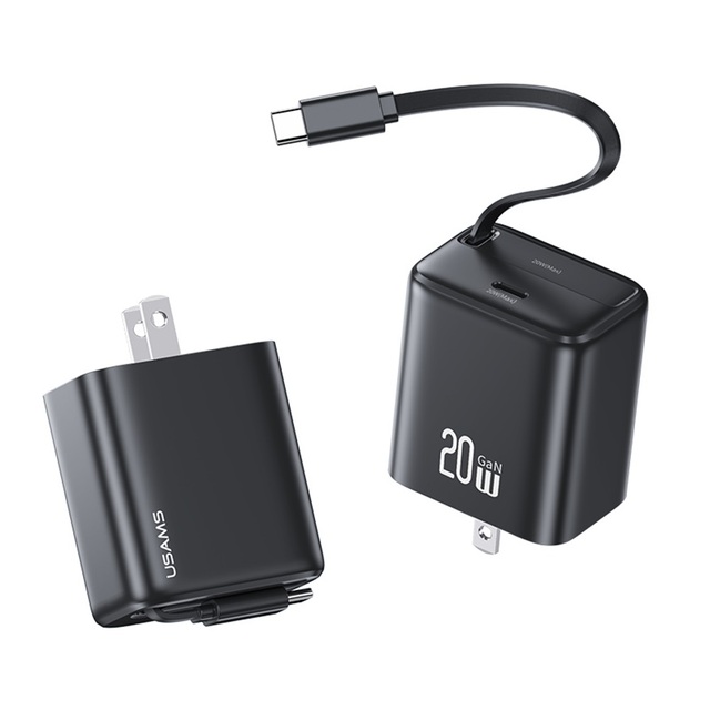 USAMS CC235 OEM Custom logo Mini 20w Fast Pd Gan Charger With Usb c Retractable Cable Usb c Wall Charger for iPhone 15 Pro Max