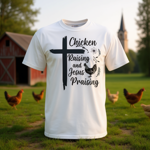 T-shirt Chicken Raising And Jesus Praising, unisex, in cotone, girocollo, manica corta, regalo religioso per adulti della Chiesa - Product Image 2