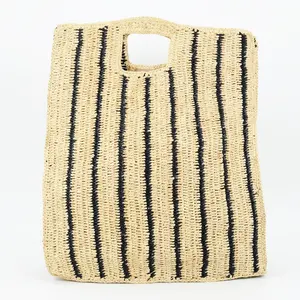 Handmade Crochet Striped Design Raffia Tote Bag Fashionable Vintage Lady's Shoulder Bag for Spring and Summer
