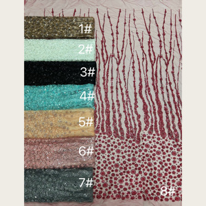 Tissu en dentelle G4098 brodé, tissé, métallique, à dégradé de positionnement, à pampilles et motifs floraux, de poids moyen, avec perles et paillettes, en tulle, pour filles - Product Image 6