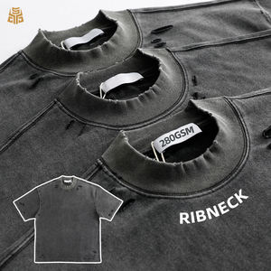 เสื้อยืดคอตตอนหนาน้ำหนักมากสำหรับผู้ชาย ล้างสีแบบแอซิดวอช สไตล์วินเทจ ขาดๆ แบบโอเวอร์ไซส์ ทรงบ็อกซี่  รับสกรีนโลโก้ เสื้อยืดเปล่า - Product Image 1