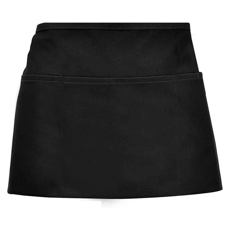 Black Polyester Short Waist Restaurant Work Apron With Pockets Half Apron For Home Kitchen