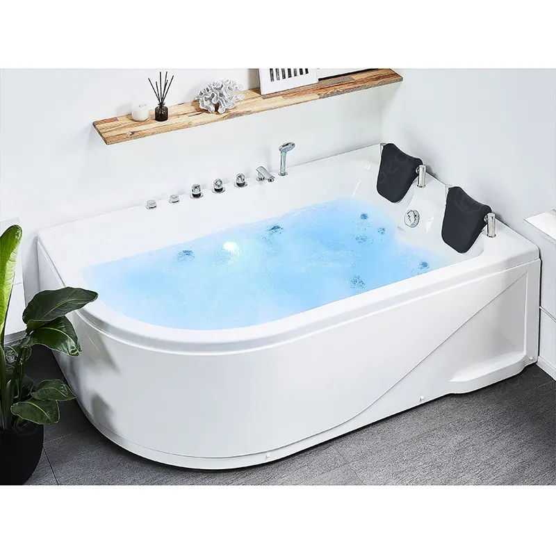 Baignoire Whirlpool gauche baignoire double avec 15 buses de massage éclairage sous-marin à LED lumière cascade grande baignoire d'angle double