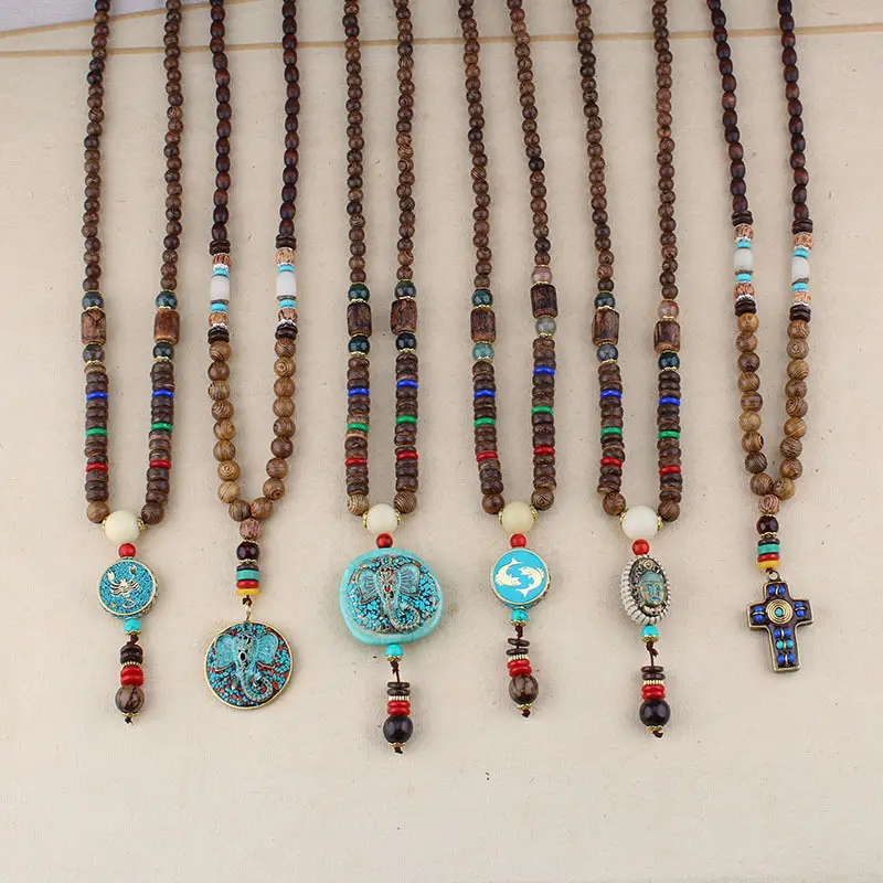 New Vintage Nepal Long Buddhist Mala Holz Perlen Anhänger & Halskette Ethnische Böhmische Boho Buddha Lucky Schmuck für Frauen Männer