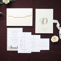 Undangan Pernikahan Hardcover Beige Elegan dengan Pola Debossed dan Dekorasi Pita Foil Emas