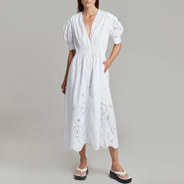 Custom factory women clothing 2023 plain pure white long maxi dresses organic cotton embroidery lace elegant women dress
