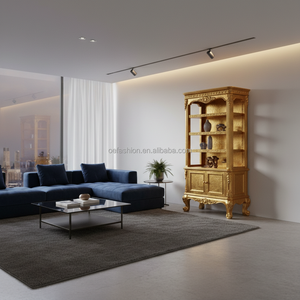 Librería Abierta Clásica Rococó Tallada a <span class=keywords><strong>Mano</strong></span> y Dorada con Puertas de Almacenamiento y Patas Cabriolé para Sala de Estar - Product Image 3