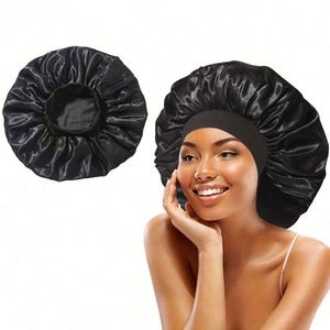 Large Satin Elastic Soft Band Jumbo Black Wide Edge Bonnet Night <b>Head</b> Cover <b>Silk</b> Hair <b>Wraps</b> Turbans Women Adults All Seasons - Product Image 1