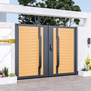 Portail de jardin moderne et minimaliste, durable, en fer, bois et aluminium, double porte personnalisée, commande manuelle facile - Product Image 2