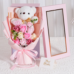 Bouquet de fleurs en savon éternel dans un coffret cadeau avec ours en peluche - Nouvelle saison de la Saint-Valentin et de la remise des diplômes, bouquet artificiel simulé - Product Image 2