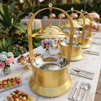Chafing Dish Silinder Berembos Emas dengan Tutup Gantung untuk Peralatan Katering Pernikahan dan Hotel