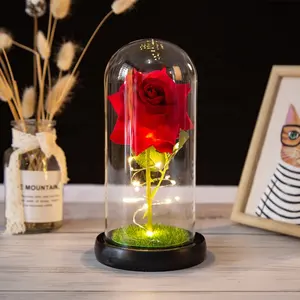 Preserved Red Silk Rose That Lasts Forever in a Glass Dome with LED Lights Gift for Mothers Valentine's Day Wedding Anniversary