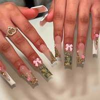 Uñas Postizas Económicas al por Mayor, Cuadradas, Doradas, con Diseño 3D en Relieve de Flores y Pequeños Diamantes, Semielaboradas a Máquina