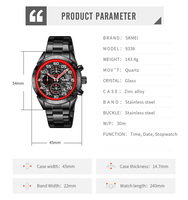Montre-bracelet sport à quartz pour homme SKMEI 9338, bracelet en acier inoxydable, étanche 30M, chronomètre, date, boîtier en alliage de zinc, montre pour homme d'affaires