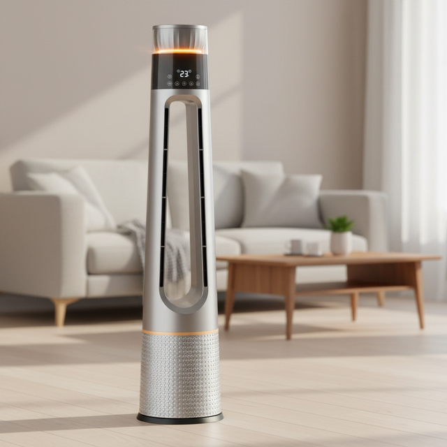 Pedestal Tower Bladeless Fan with Voice Control Remote Control Ambient Lighting Air Cooling Floor Standing Design Household