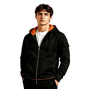 Men's Black Hooded Sweatshirt Regular Fit French Terry Cotton Casual Autumn Wear Orange Lining Pocket Customizable Personalized - Product Image 1