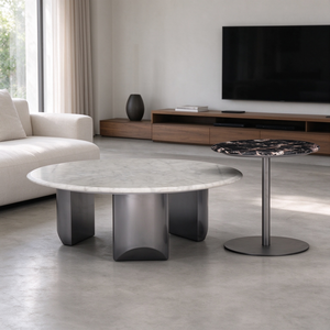 Juego de mesas de centro de mármol, mesa auxiliar redonda de mármol blanco con base arqueada esculpida, moderna, para sala de estar, vestíbulo de hotel, villa - Product Image 1