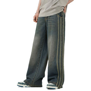 Jeans de mezclilla Y2K holgados de algodón lavado con rayas de cinta vintage personalizados al por mayor, de pierna recta, estilo urbano, para hombre. - Product Image 3