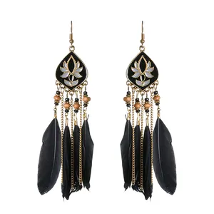 fashion natural peacock feather boho earrings dream catcher bead pendant charm earrings for women