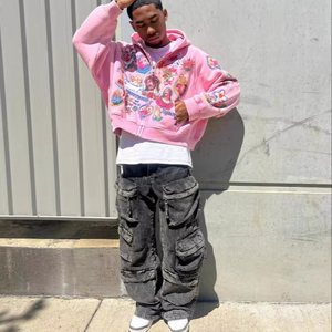 Su misura American Retrò Gothic <span class=keywords><strong>Rock</strong></span> Hip Hip Happwear lavato con cappuccio con stampa digitale DTG felpa con cerniera ritagliata per gli uomini - Product Image 6