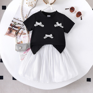 2025 été nouvelles filles nœud T manches + blanc princesse vent jupe costume filles vêtements ensembles - Product Image 1
