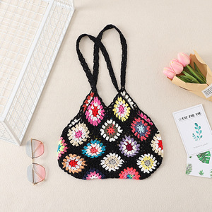 Floral Granny Square <span class=keywords><strong>Crochet</strong></span> Tote Bag Été À La Mode Raphia Tricoté À La Main Sacs À Bandoulière pour L'hiver Printemps Et Automne - Product Image 4