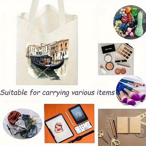 Sac fourre-tout réutilisable de grande capacité avec imprimé gondole de Venise et architecture, parfait pour le shopping, la plage et l'usage quotidien - Product Image 5