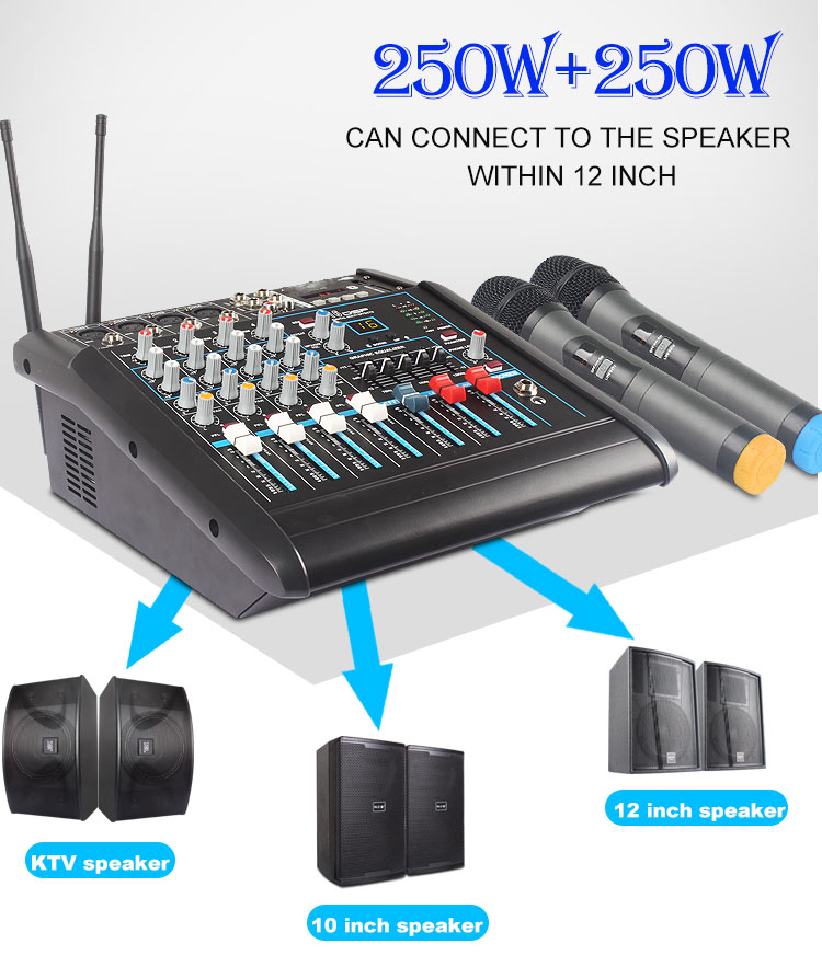ワイヤレスマイク付きパワーアンプ4チャンネルオーディオミキサーを