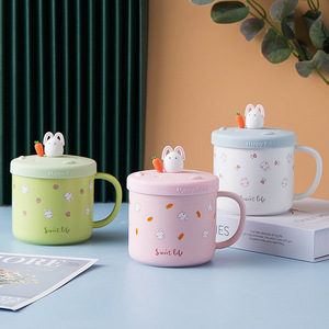 แก้วนมน่ารักลายการ์ตูน แก้วชาเซรามิก แก้วกาแฟลายกระต่ายน่ารัก พร้อมฝาปิด - Product Image 1