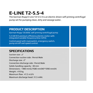 Pompe centrifuge auto-amorçante pour eaux usées Gorman Rupp E Line T2 5 5 4 T2C60SC 55 kW IE3 VFD 2 pouces Perrot <span class=keywords><strong>38</strong></span> mm Solides - Product Image 3
