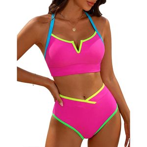 Traje de Baño de Dos Piezas para Mujer, Bikini de Cintura Alta con Cuello en V, Control de Abdomen, Estilo Deportivo con Ribete en Contraste, Color Neón - Product Image 1