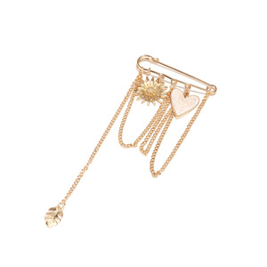 Grande broche de sécurité dorée pour femme, style vintage, avec pendentif cœur et soleil, chaîne à pampilles, boucle anti-exposition pour chemise, accessoire décoratif - Product Image 4