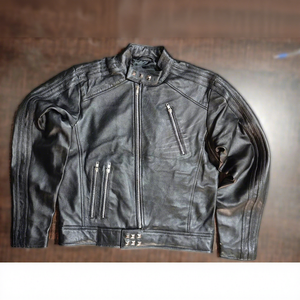 <b>Mens</b> <b>Real</b> <b>Black</b> Leather Jacket Sheepskin Studded Collar Multiple Zip Pockets Moto Biker Coat Custom Winter Warm Outerwear - Product Image 1