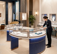 Vitrine à bijoux incurvée de luxe, bleu marine, base cannelée, cadre en métal rose gold |   Vitrine en verre avec éclairage LED |   Personnalisable