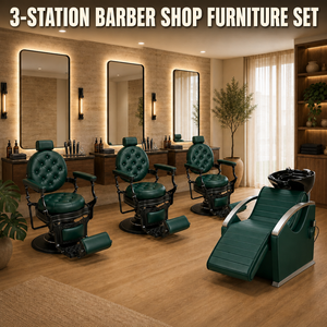 Ensemble de mobilier de salon de coiffure 3 places, fauteuils de barbier capitonnés verts, sièges de salon avec bac à shampoing - Product Image 1