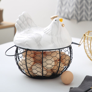 Hen Shape Egg <b>Basket</b> Wrought Iron <b>Wire</b> Mesh Storage Container Kitchen Decorative Round Food Holder For Eggs Potatoes Garlic - Product Image 1