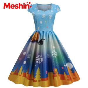 Vestido Midi Acampanado Estilo Vintage Navideño Meshin, Casual Europeo Americano con Cuello Redondo, Satén Estampado, Cintura Natural, Diseño de Dibujos Animados - Product Image 2