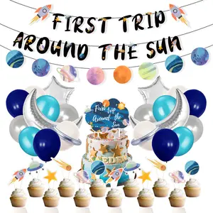 Palmy The New Arrival First Travel Around The Sun Theme Party Flag Pull Flower Balloon Cake Size Card Inserted Decorative Props