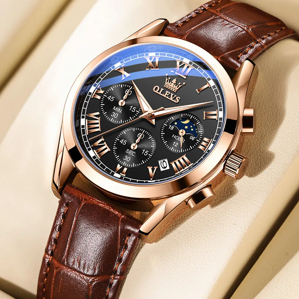 Benutzerdefinierte Uhren Luxus Leder Braun Chronograph Uhren für Männer Quarz Digitale Großhandel Lieferant Marke Armbanduhren