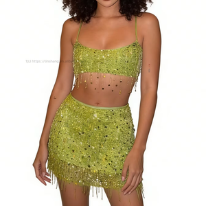 Women's Casual Solid 2-Piece Sequin Fringe Set Spaghetti <b>Strap</b> Crop Top & Above <b>Knee</b> Mini Skirt for Party & Evening Wear - Product Image 6