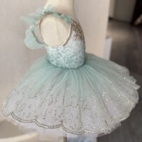 Gaun Tutu Balet Hijau Mint untuk Anak, Berhias Renda & Payet dengan Lengan Tulle Mengembang, Tutu Pancake Profesional untuk Anak Perempuan