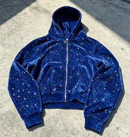 Blouson court oversize en velours épais avec fermeture éclair intégrale, motif léopard gaufré et strass dégradés, style streetwear, personnalisable OEM