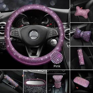 Pink Diamond Style Bling Bling Car Decoration Rear View Mirror Shoulder cover Handbrake Gear Cover Steering Wheel Cover Set