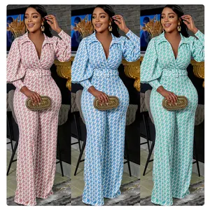 Fashion New Casual Print Tight V-Neck Puff Sleeve Long Sleeve Wide Leg Pants Two Piece Set