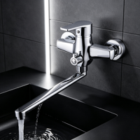 Robinet de bain moderne à poignée unique, finition chrome poli, mitigeur baignoire-douche avec barre coulissante, design contemporain